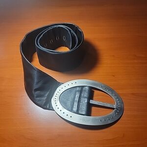 Men's Black Leather Belt with Silver Buckle